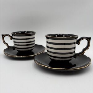 Potter's Studio Black & White Stripe Cup & Saucer Set Gold Accent Decor